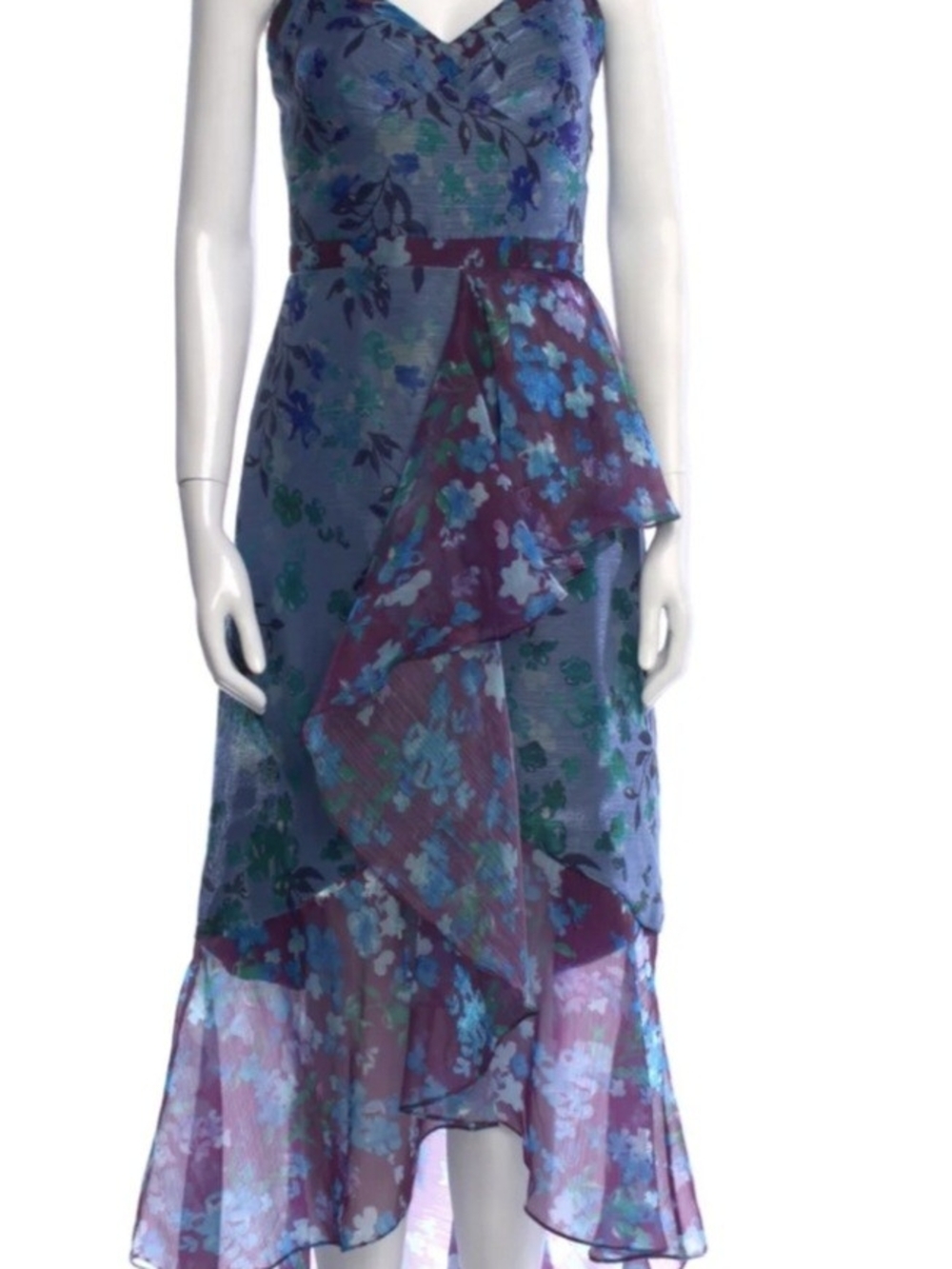 Marchesa Blue and Purple Floral High-Low Midi Dress
